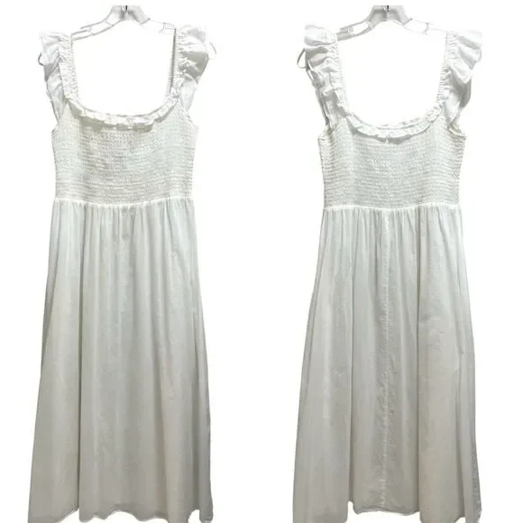 Reformation Villa Midi Dress Smocked Organic Cotton White Size L - Picture 3 of 9